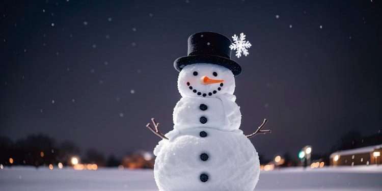 Snowman on the background of a winter landscape at night