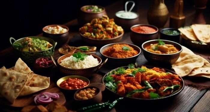 assorted various indian food on a dark rustic